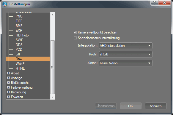 Einstellungen zum Raw-Import